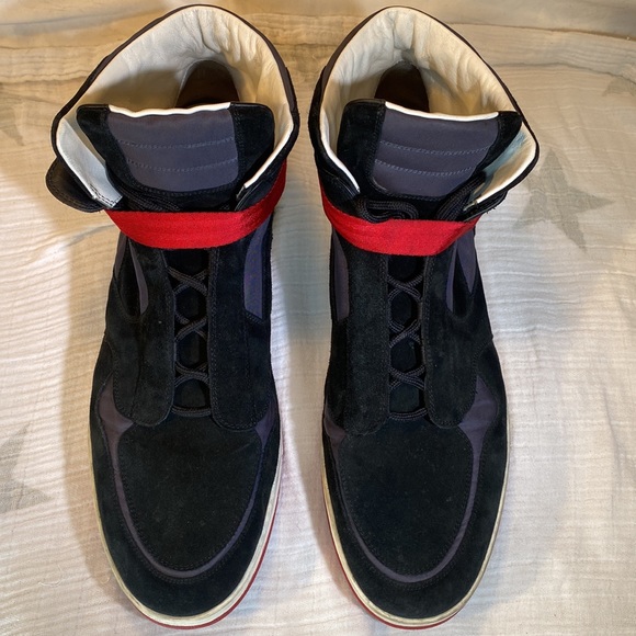 Louis Vuitton High Top Sneakers Black Suede Colorblock Pattern Red buckle white - Picture 7 of 9